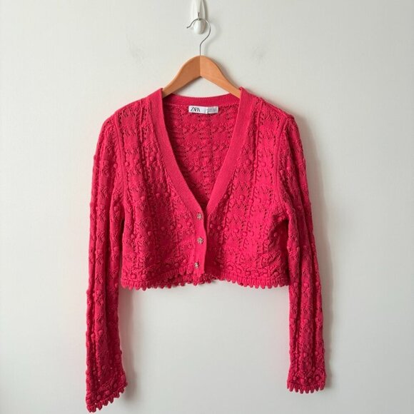 Zara Rhinestone Pointelle Knit Cropped Cardigan Sweater Fushia Pink Size Small - Picture 3 of 8
